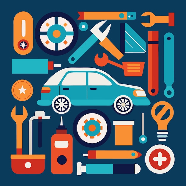 Colorful illustration of a car with tools and equipment for repair