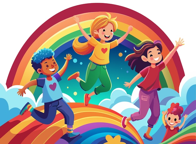 a colorful illustration of children jumping in the rainbow