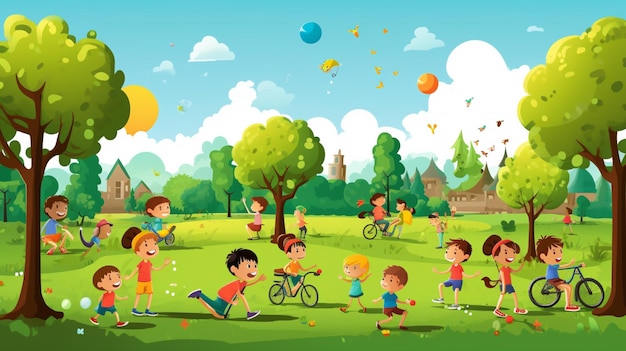 a colorful illustration of children playing in a park with a picture of a park