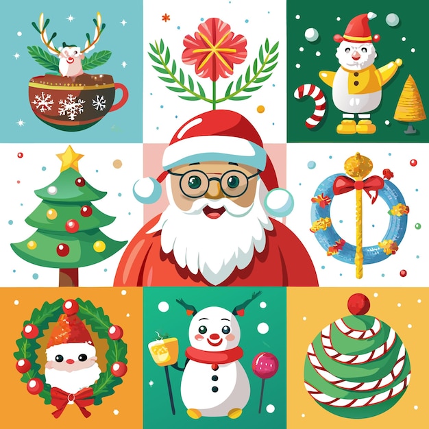 A colorful illustration of Christmas symbols like Santa a Christmas tree a snowman a wreath and ornaments