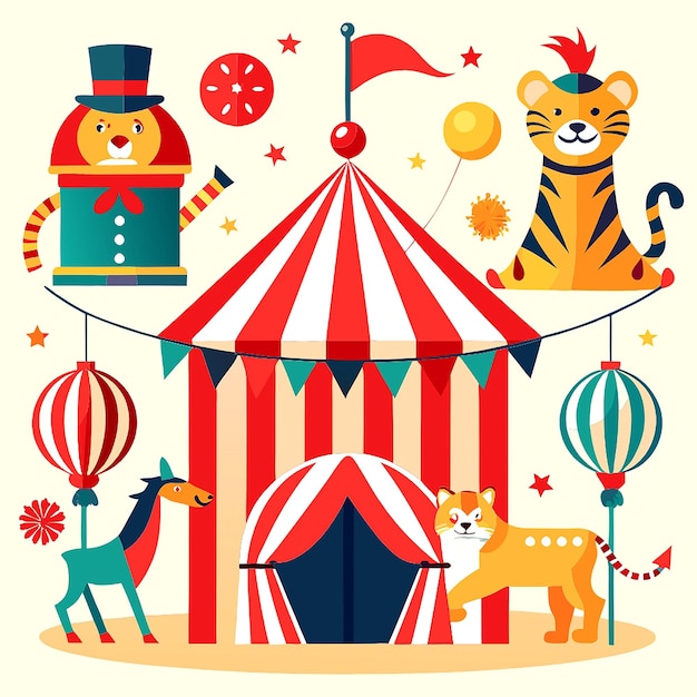 a colorful illustration of a circus tent with cats and a cat on it