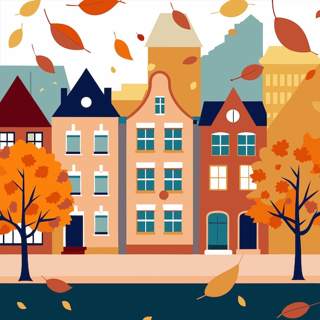 a colorful illustration of a city with a building with a tree in the middle