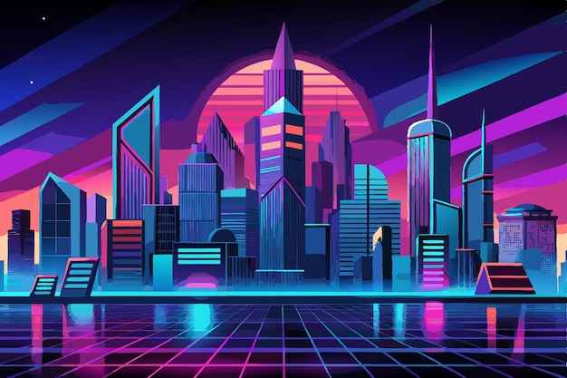 a colorful illustration of a city with a city in the background