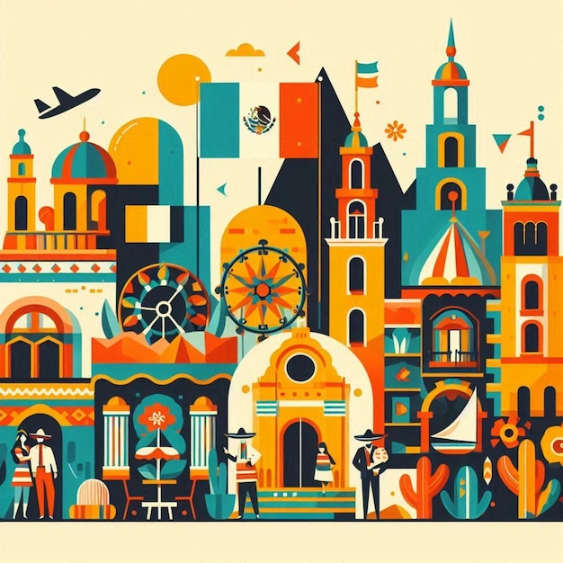 a colorful illustration of a city with a lot of people in it