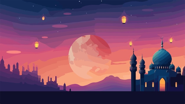 a colorful illustration of a city with a moon and a city in the background