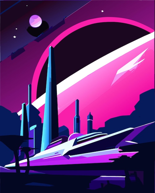 Vector a colorful illustration of a city with a purple sky and a city in the background