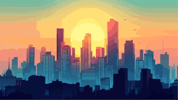 a colorful illustration of a city with a sunset in the background