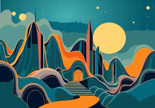 a colorful illustration of a city with a sunset and mountains in the background