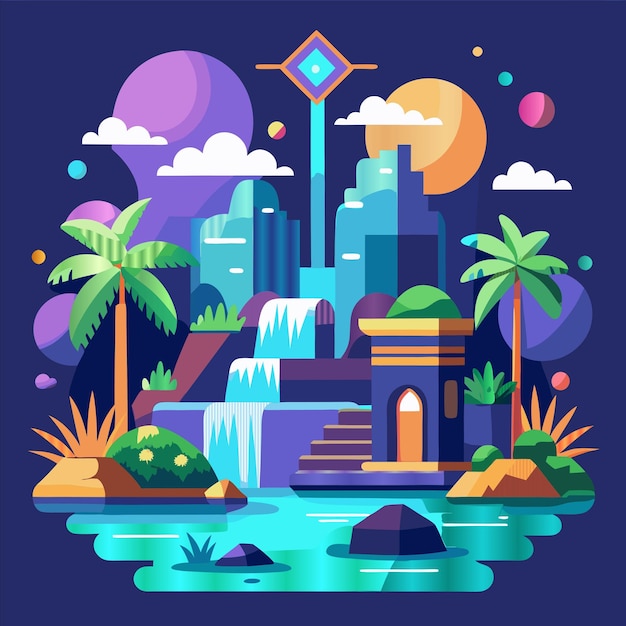 a colorful illustration of a city with a waterfall and palm trees