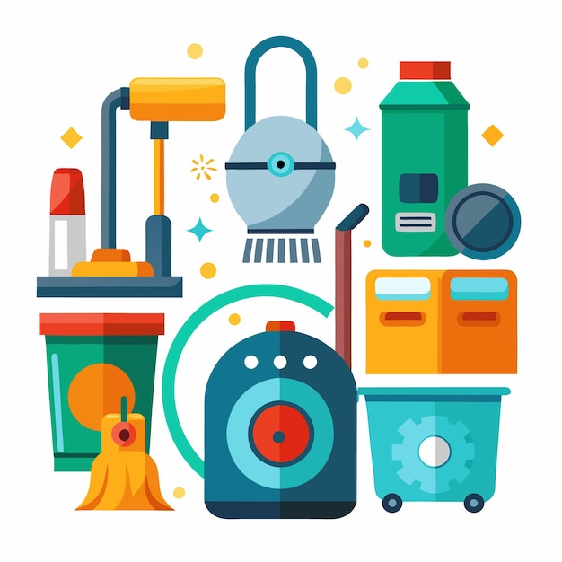 Colorful illustration of cleaning equipment and supplies