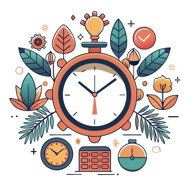 A colorful illustration of a clock with flowers leaves and other timerelated icons