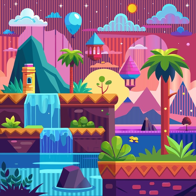 a colorful illustration of a colorful landscape with a waterfall and mountains