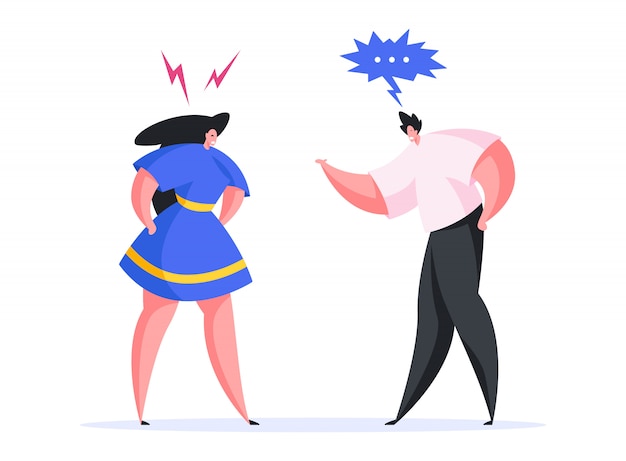 Colorful illustration of contemporary cartoon male in casual clothes screaming at enraged girlfriend while having argument and expressing disagreement