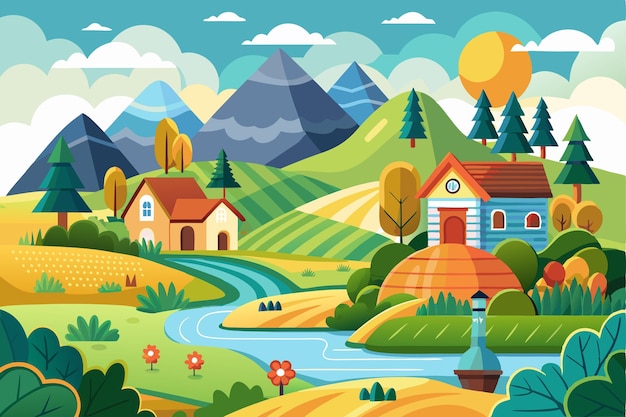 Vector a colorful illustration of a countryside landscape with houses mountains a river and a sunny sky