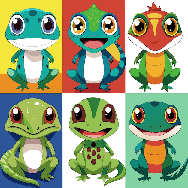 Vector a colorful illustration of cute cartoon frogs and lizards