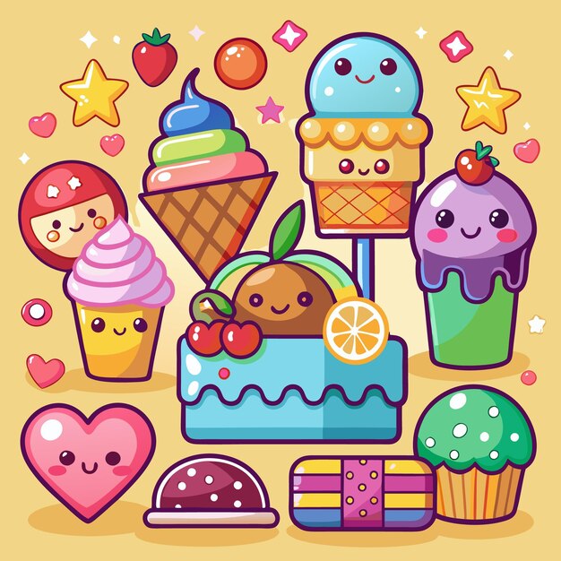 A colorful illustration of cute cartoonstyle desserts with hearts stars and sprinkles