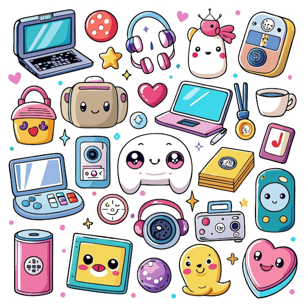 Colorful illustration of cute tech and lifestyle items