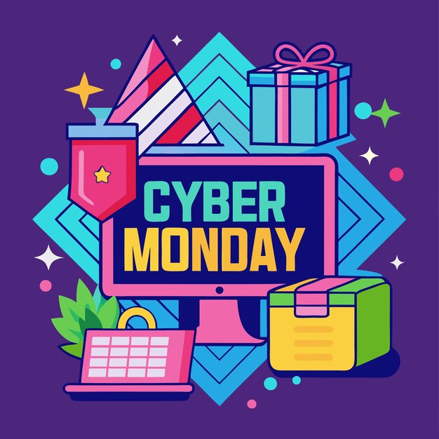 Vector colorful illustration of cyber monday sale with computer gift boxes shopping bag and other icons