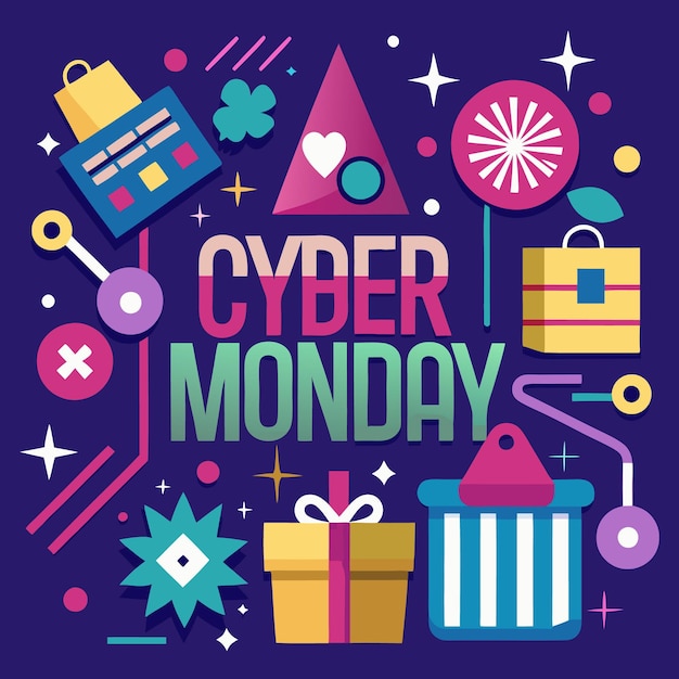 Colorful illustration of Cyber Monday sale with shopping bags gifts stars and other icons