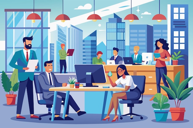 Vector a colorful illustration depicting a group of diverse office workers in a modern office setting with a cityscape backdrop