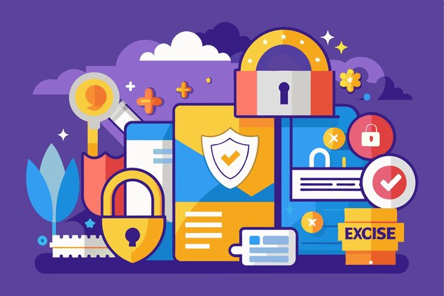 Vector colorful illustration depicting security elements including locks and documents focused on data protection themes exclusive illustration access rights