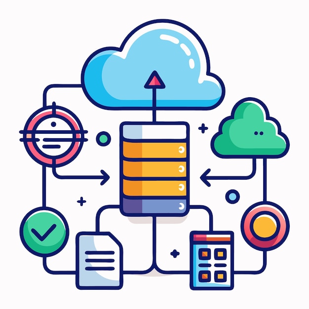 Vector colorful illustration depicting a server cloud document and a calculator