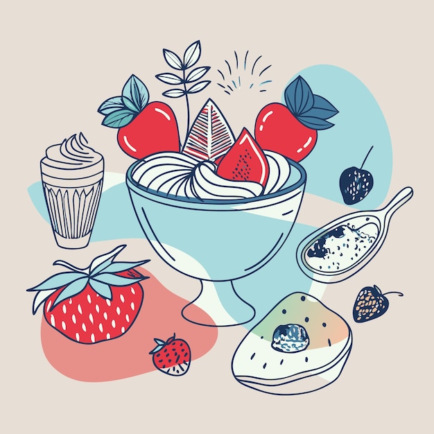 Vector a colorful illustration of desserts and fruits in a playful style