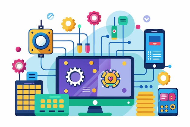 A colorful illustration of devices linked by gears and circuits highlighting firmware customization Customizable firmware illustration