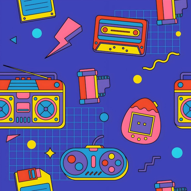 a colorful illustration of a digital camera with a blue background with a colorful design