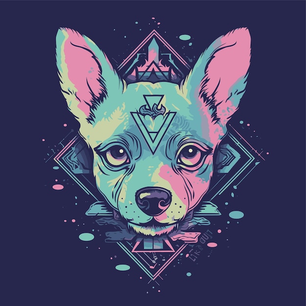 A colorful illustration of a dog with a triangle on the front.