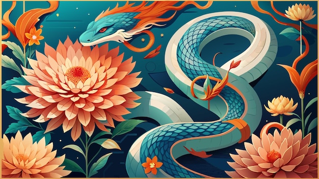 a colorful illustration of a dragon with flowers and orange flowers