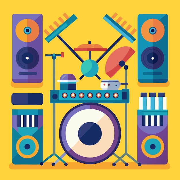 Vector a colorful illustration of a drum set with four speakers cymbals a bass drum and a microphone