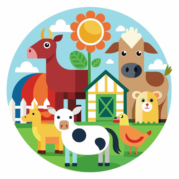 A colorful illustration of farm animals and a barn on a green grassy field with a blue sky