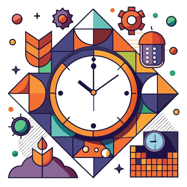 Vector a colorful illustration featuring clocks and geometric shapes