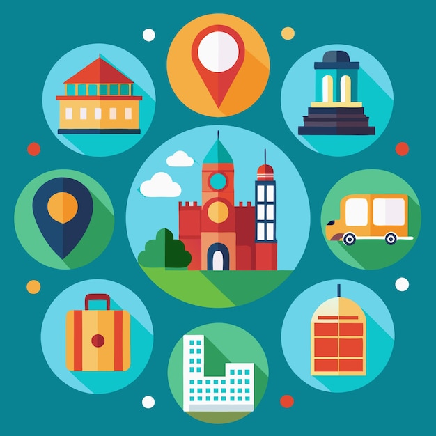 A colorful illustration featuring various buildings a bus and map pins set against a turquoise background