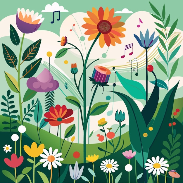 a colorful illustration of flowers and music with a musical note on the top