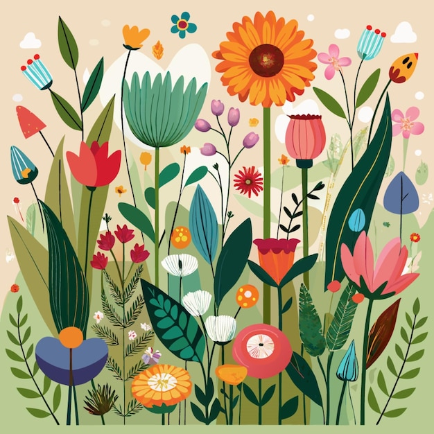 a colorful illustration of flowers and plants with a green background