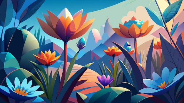 a colorful illustration of flowers with the mountains in the background