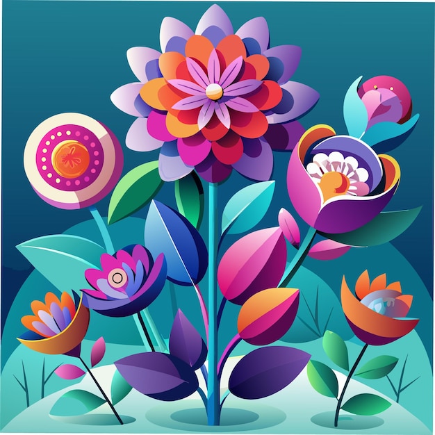 a colorful illustration of flowers with a pink flower in the middle