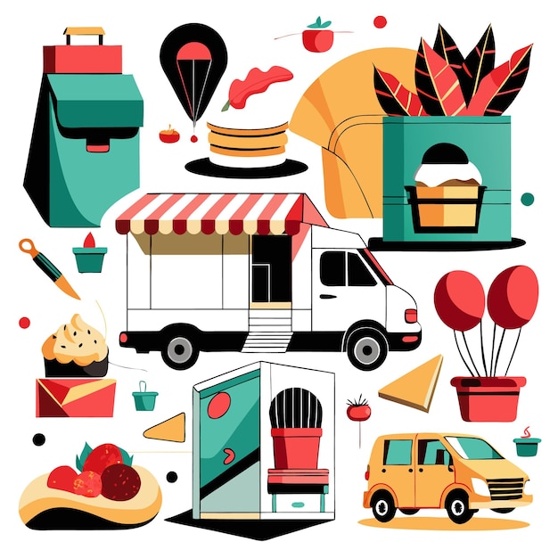 Vector colorful illustration of a food truck with various food and beverage icons