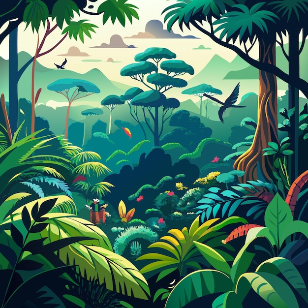 Vector a colorful illustration of a forest with many tropical plants and animals