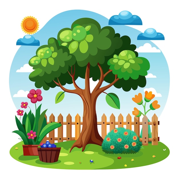 a colorful illustration of a garden with a fence and trees