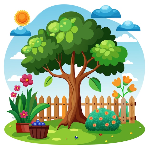 a colorful illustration of a garden with a fence and trees