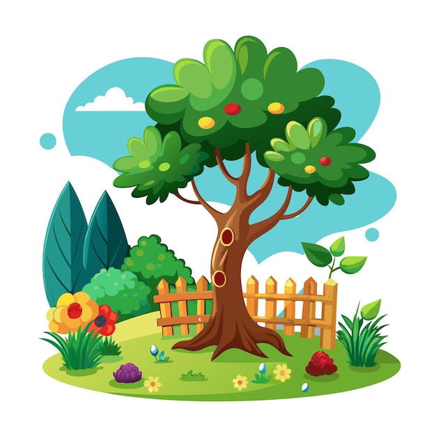 a colorful illustration of a garden with a fence and trees