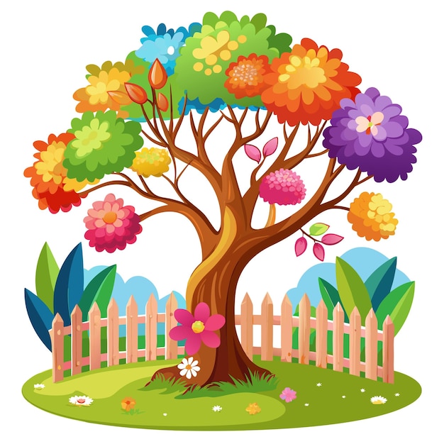 a colorful illustration of a garden with a fence and trees