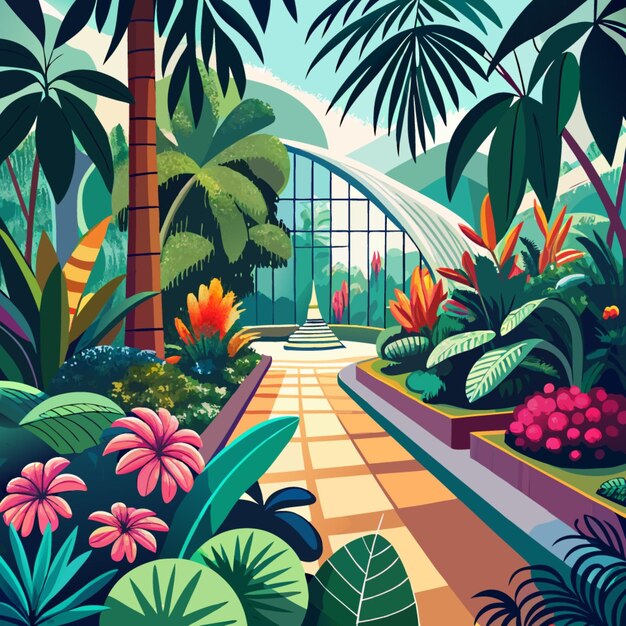 Vector a colorful illustration of a garden with plants and a bridge