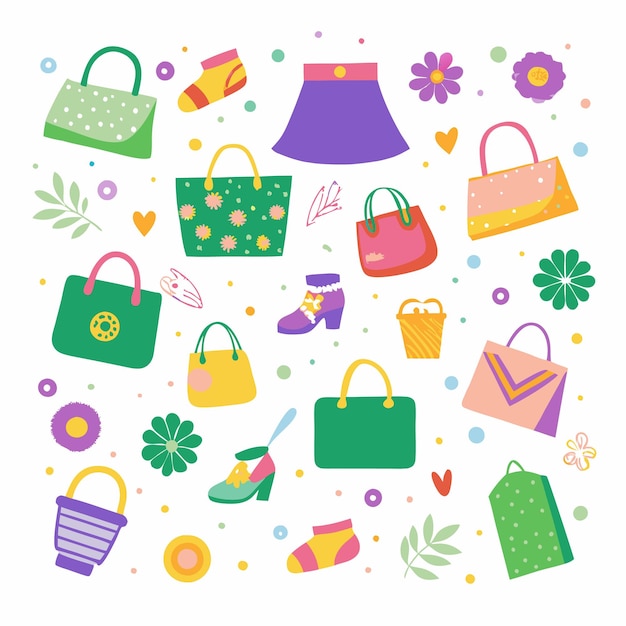 Colorful Illustration of Handbags Flowers and Accessories on a White Background