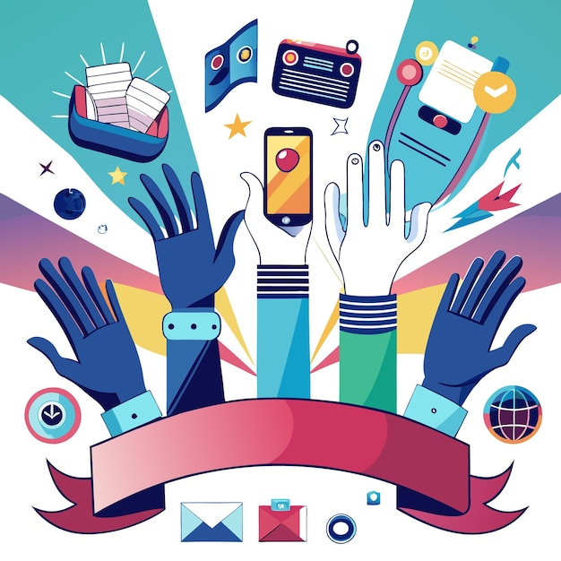 Colorful illustration of hands interacting with technology and communication