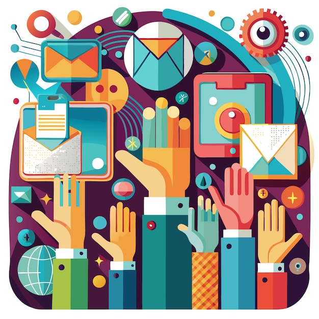 Colorful illustration of hands reaching for digital communication icons