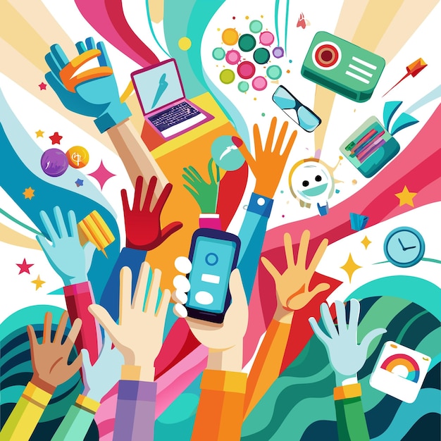 Colorful illustration of hands reaching for various technology items